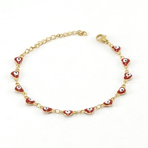 18K gold plated stainless steel heart bracelet featuring red enamel Evil Eye charms