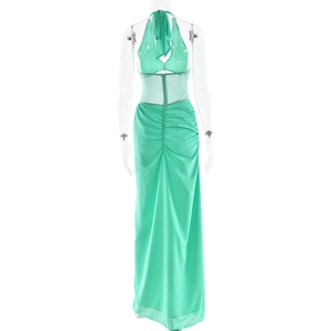 Detail of mint green halter dress back with zipper closure and waist ruching design