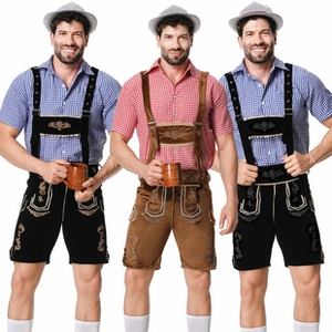 Close-up of traditional German Lederhosen set with embroidered suspenders and plaid shirt