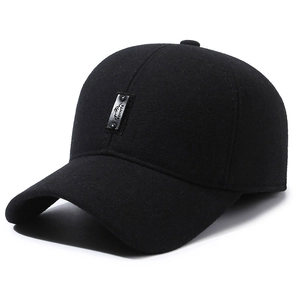 Men's winter baseball cap in black wool fabric with ear flaps and sports leather patch
