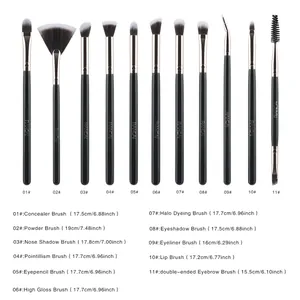 Size chart showing 11 black gold makeup brushes with precise length measurements in cm and inches