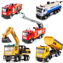 Set of 5 miniature toy construction vehicles including fire trucks and excavators