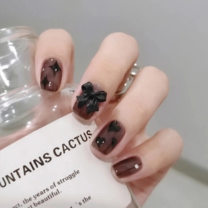 Press On Nails Amber Brown Dark Coffee Black Bow Heart Star Rhinestones Short Square Sweet Cool Style Women Fashion