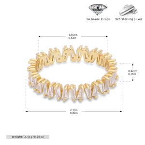 Technical drawing of a V-shaped gold ring with 5A zircon showing dimensions and 925 silver mark