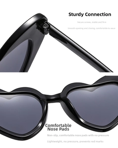Detail of durable hinges and comfortable integrated nose pads of heart sunglasses