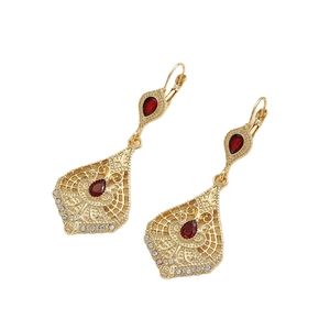 Vintage gold water drop earrings with red gemstones and white micro-rhinestone accents