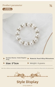 Detail specifications of pearl and rhinestone napkin ring in gold alloy frame, 5x5cm size