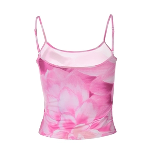 Detail of pink floral print cropped camisole with thin straps and vibrant lotus pattern