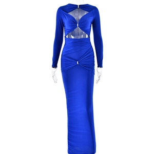 Detail of royal blue bodycon dress featuring chest cut-outs and gathered ruched fabric