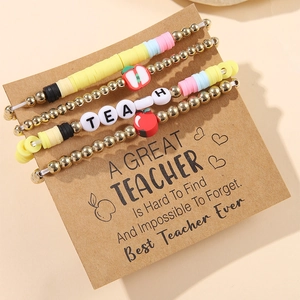Inspirational TEACHER bracelet set with colorful clay beads and apple charms