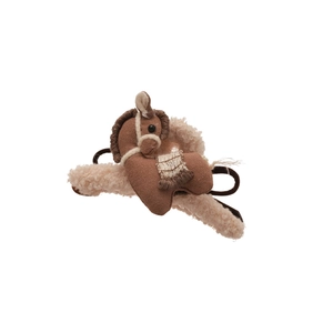 Cute pony acrylic hair claw with brown fabric horse and beige faux fur wrapping