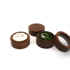 Round walnut wood ring box with transparent lid and moss or cushion interior options