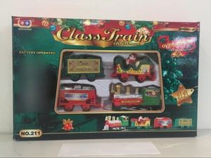 Retail packaging of 11-piece Christmas electric train set with tracks and festive graphics