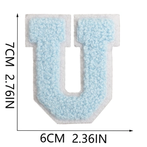 Detailed size view of a 7cm light blue chenille letter U towel embroidery patch
