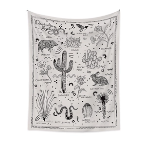 Bohemian white desert species line drawing tapestry with cactus and animal motifs