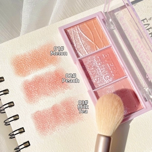 Detailed swatches of 3-color blush and eyeshadow palette with matte and shimmer textures