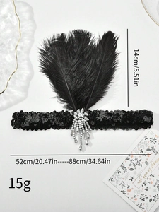 Detail view of 1920s feather headband dimensions showing height and circumference