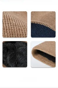 Detailed macro view of khaki knit hat featuring thick fleece lining for winter warmth