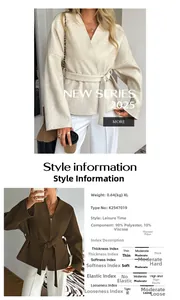 Detail view of casual wrap-around blazer with style specs and fabric information chart
