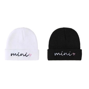 Knit beanie set for kids featuring mini embroidery and pink heart in black and white