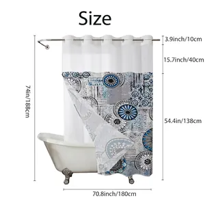 Waterproof fabric shower curtain with bohemian floral print and sheer mesh top panel