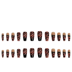 Sexy leopard print fake nails with pink gradient and black French tips, 24 pieces set