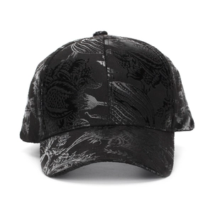 Classic black baseball cap with vintage silver floral print and matte texture