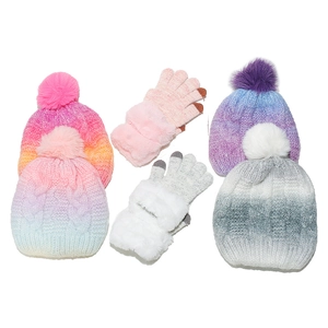Detailed view of tie-dye gradient knit hats with pom-poms and warm touch screen gloves