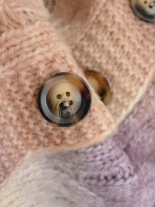 Macro shot of chunky knit sweater featuring soft pastel panels and tortoiseshell buttons