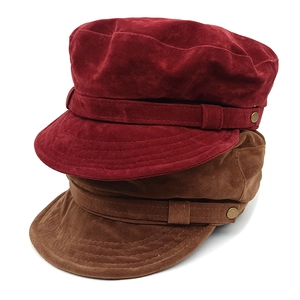British style newsboy caps in burgundy and brown faux suede with vintage metal buttons