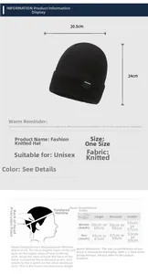Size chart showing width and height for unisex winter knitted beanie with head guide
