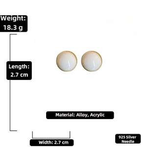 Detailed view of cream acrylic round stud earrings with gold trim and size dimensions