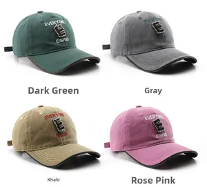 Detailed embroidery and washed cotton texture of vintage baseball caps in four colors