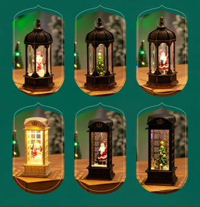 Collection of retro Christmas lanterns with Santa and Snowman inside with warm LED glow