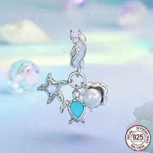 S925 sterling silver ocean charm with starfish, turtle, shell and green gemstone