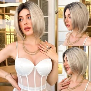 Short Straight Bob Wig Ombre Platinum Blonde Heat Resistant Synthetic Fiber Middle Part Natural Daily Wear For Women