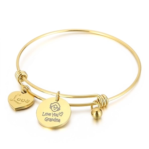 Adjustable Wire Bangle Bracelet Stainless Steel Heart Charm Love You Grandma Pendant Jewelry Gift For Mother Day