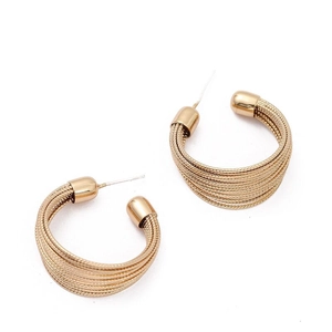 Detail view of multi-layer mesh gold hoop earrings with an elegant C-shaped opening design