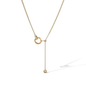 Gold-plated Y-shaped necklace with zircon-encrusted double rings and a metal bead pendant