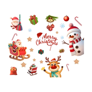 Macro detail of 3D Santa Claus and Snowman static window stickers for Christmas decor
