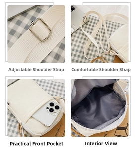 Detailed views of white canvas crossbody bag with adjustable strap and zip front pocket