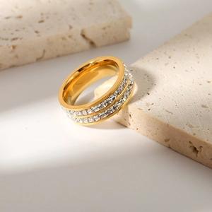 Elegant 18k gold plated stainless steel ring with double row cubic zirconia crystals