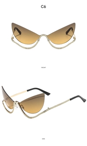 Front and side views of gold cat-eye sunglasses with gradient lenses and rhinestone trim