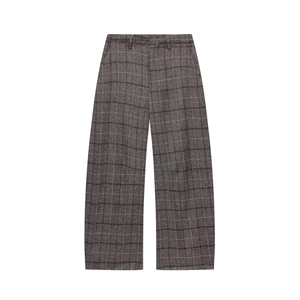 Pantalon large en laine mélangée à carreaux gris pour femme avec taille haute