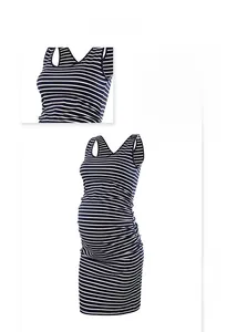 Detail of ruched side seams and neckline on a striped sleeveless maternity dress