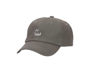 Detail of dark grey baseball cap with white smile and text embroidery on cotton fabric