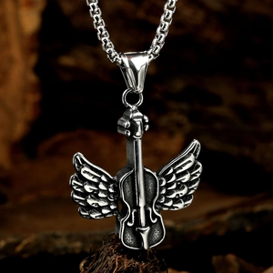 Silver punk violin necklace with wings on a dark wood background for hip hop men