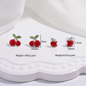 S925 silver cherry and apple stud earrings with dimensions and weight parameters