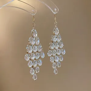 Golden tassel teardrop earrings with sparkling crystal mesh on a warm brown background