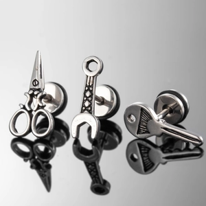Stainless Steel Stud Earrings Scissors Wrench Key Shaped Punk Industrial Style Cool Piercing Jewelry For Men Women
